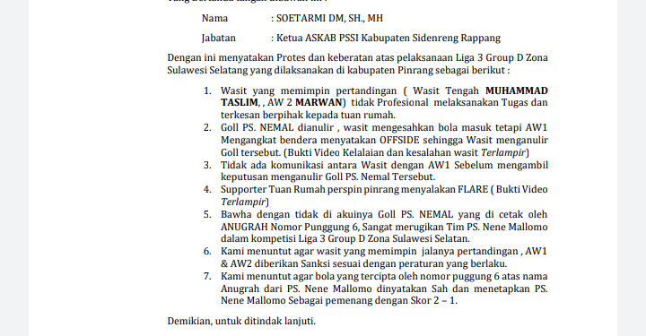 Askab PSSI Sidrap Ajukan Surat Protes Atas Kinerja Wasit