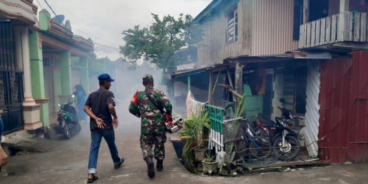 Cegah Penyebaran DBD, Sertu Edy Lakukan Sosialisasi Dan Pendampingan Fogging Yang Dilakukan Dinas Kesehatan Kabupaten Pinrang